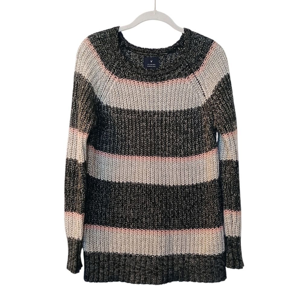 Women's American Eagle Knit Jegging Sweater - Gray And Pink Striped - Size Small